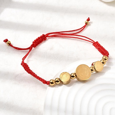 Adjustable 304 Stainless Steel Flat Round with Saint Benedict Braided Bead Bracelets for Women BJEW-K295-03G-01-1