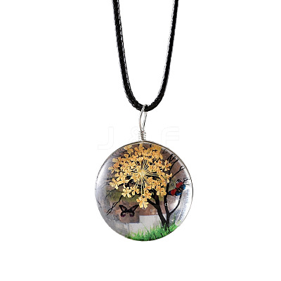 Flat Round Glass with Dried Flower Tree Inner Pendant Black Waxed Cord Necklaces FS-WG87A6D-13-1