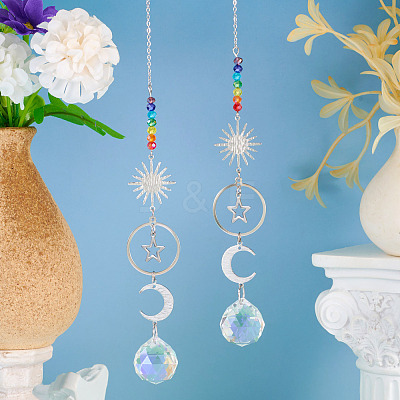 2Pcs Brass Sun Moon Star Hanging Ornaments HJEW-TA00371-1