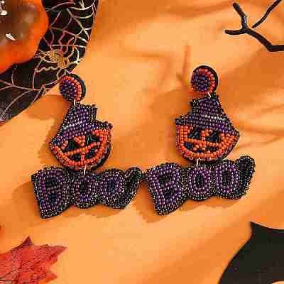 Skull Pattern Glass Bead Handmade Stud Earrings for Halloween XI5710-1