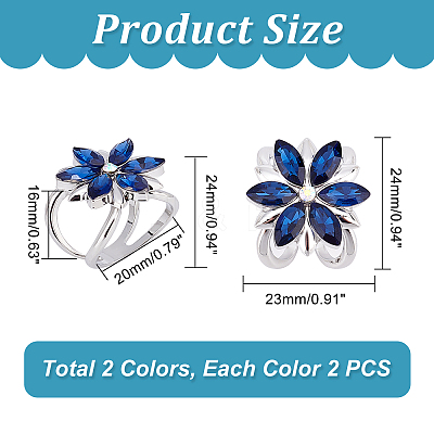 4Pcs 2 Colors Glass Flower Scarf Buckle Ring AJEW-PH0004-23-1