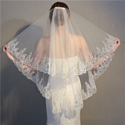 Double Layer Flower Pattern Mesh Bridal Veil with Combs PW-WG22953-01-1