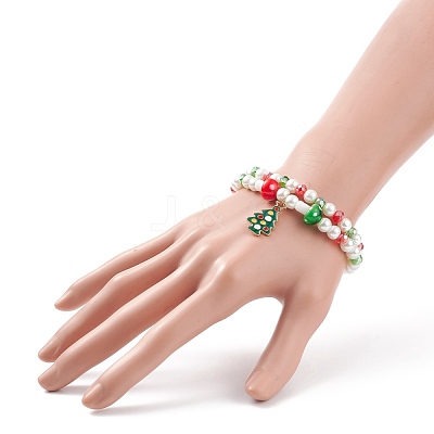 2Pcs 2 Style Glass Pearl & Lampwork Mushroom Beaded Stretch Bracelets Set with Alloy Enamel Christmas Charm for Women BJEW-JB08395-1