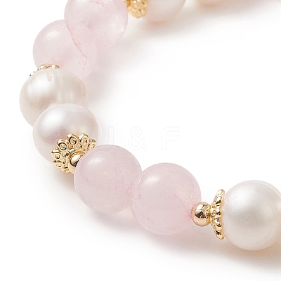 Natural Rose Quartz & Pearl Round Beaded Stretch Bracelet for Women BJEW-JB09246-03-1