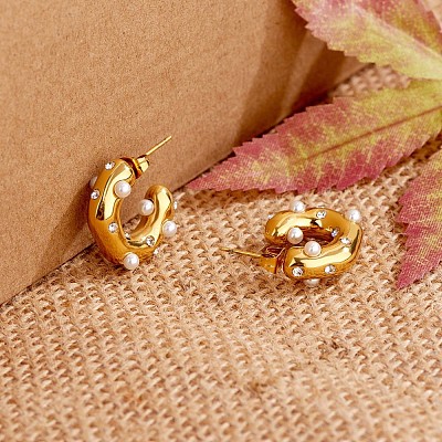 Shell Pearl C-shape Stud Earrings with Clear Cubic Zirconia JE948A-1