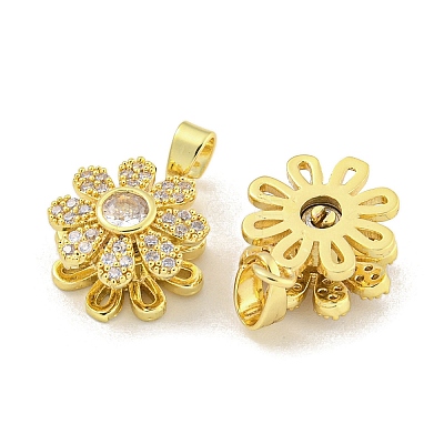 Rotatable Flower Charms Rack Plating Brass Clear Cubic Zirconia Pendants KK-M291-02G-1