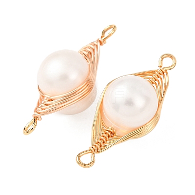 Copper Herringbone Wire-Wrapped Natural Pearl Round Links Connector Charms KK-Z152-02G-01-1
