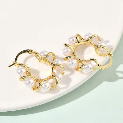 Twist Brass & ABS Plastic Pearl Hoop Earrings EJEW-P336-05G-1