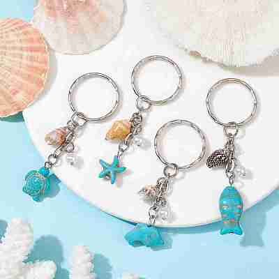 Synthetic Turquoise & Shell Pendant Keychain KEYC-JKC00653-1