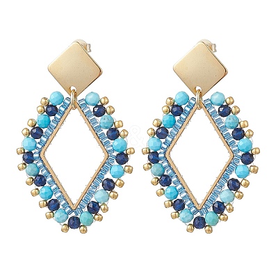 3 Pairs Rhombus Mixed Stone & Glass Seed Beads Dangle Stud Earrings EJEW-MZ00666-1