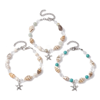 3Pcs 3 Style Alloy Starfish Charm Bracelets Set BJEW-JB10090-1