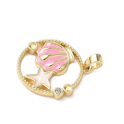 Flat Round with Shell Shape Brass Micro Pave Clear Cubic Zirconia Pendant Cabochon Settings KK-P334-17G-02-1