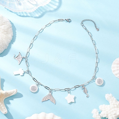 Alloy & Natural White Shell Pendant Brass Paperclip Chain Necklaces for Women NJEW-JN05406-02-1
