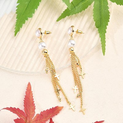 Brass ABS Plastic Pearl Tassel Stud Earrings EJEW-U040-15G-1