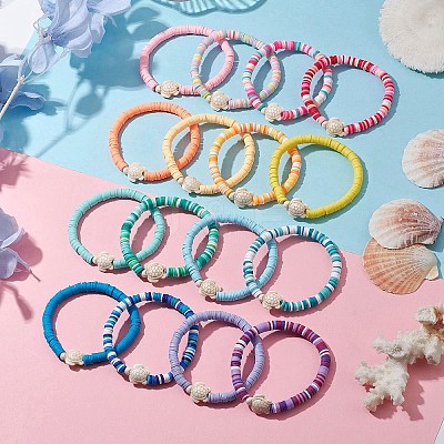 16Pcs 16 Colors Dyed Synthetic Turquoise and Handmade Polymer Clay Beaded Stretch Bracelets Sets BJEW-JB10763-1