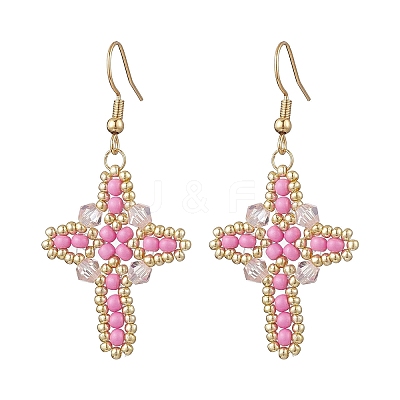 304 Stainless Steel Glass Seeds Cross Dangle Earrings EJEW-MZ00506-04-1