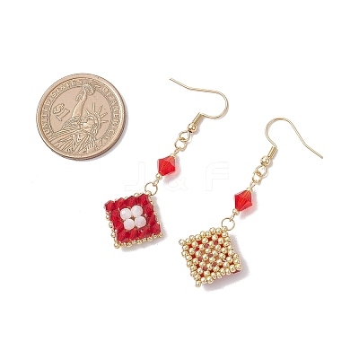 304 Stainless Steel Handmade Glass Seed Beads Rhombus Dangle Earrings EJEW-MZ00517-1