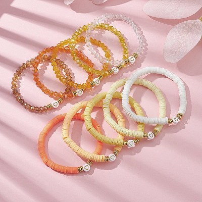 10Pcs Polymer Clay Disc & Glass & Brass Beaded Stretch Bracelets Set BJEW-JB09676-03-1