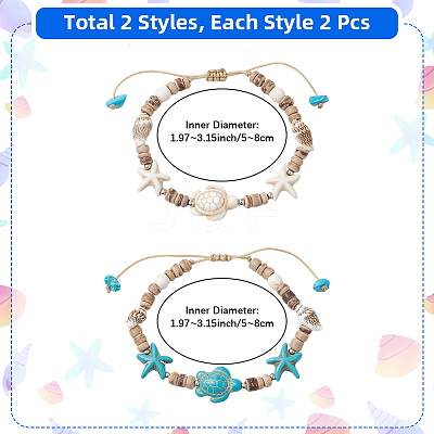 4Pcs 2 Colors Ocean Theme Starfish Turtle Synthetic Turquoise & Coconut Braided Bead Bracelet Sets BJEW-PA0001-03-1
