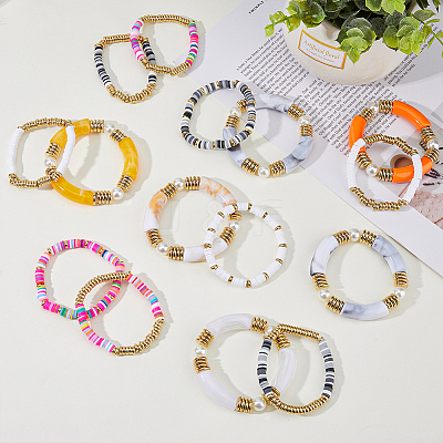 15Pcs 15 Style Ethnic Style Polymer Clay Heishi Surfer Stretch Bracelets Set BJEW-FI0001-41-1