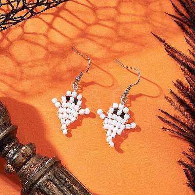 Halloween Ghost Glass Seed Beaded Dangle Earrings EJEW-TA00750-1