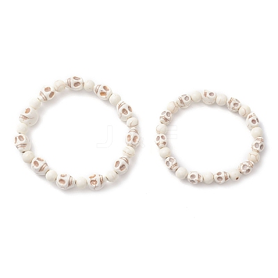 2Pcs 2 Styles Halloween Synthetic Turquoise Skull & Round Beaded Stretch Bracelet Sets for Men Women BJEW-JB12252-1
