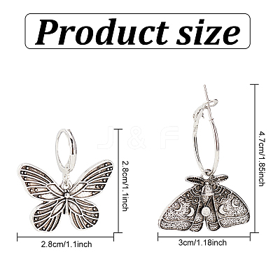 2 Pairs 2 Style Moth & Butterfly Zinc Alloy Dangle Hoop & Leverback Earrings EJEW-AN0002-64-1