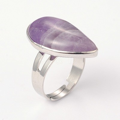Adjustable Natural Amethyst & Platinum Brass Rings RJEW-N024-02G-1