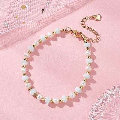Natural Freshwater Shell & Natural Cultured Freshwater Pearl Rondelle Beaded Bracelets for Women BJEW-JB13281-1