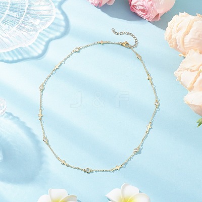 Brass Pave Clear Cubic Zirconia Flat Round Cross Link Chain Necklaces with 304 Stainless Steel End Chains NJEW-JN05335-1