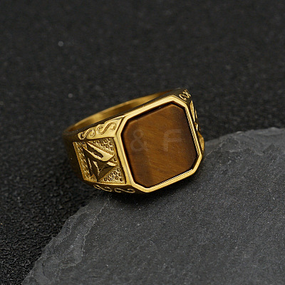 304 Stainless Steel with Natural Tiger Eye Finger Rings FS-WG06E27-05-1