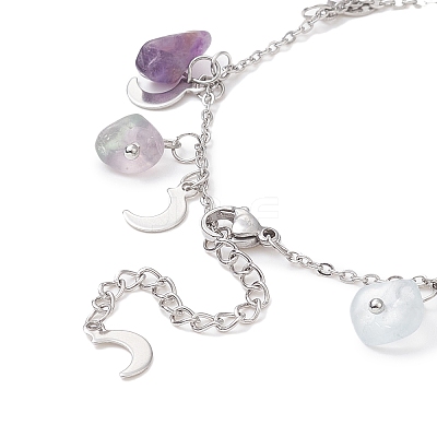 Natural Fluorite Chips & Moon Charms Anklet AJEW-AN00512-06-1