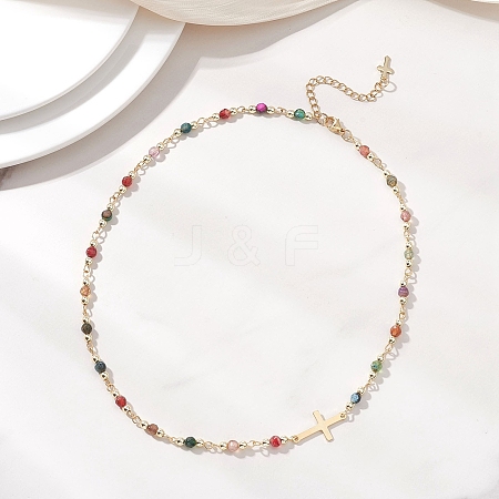 Faceted Natural Indian Agate Round Beads & 304 Stainless Steel Tiny Cross Handmade Link Chain Necklaces NJEW-JN05842-03-1