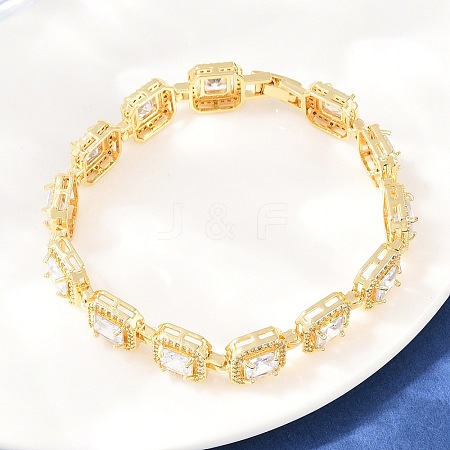 Square Brass Micro Pave Clear Cubic Zirconia and Glass Link Chain Bracelets BJEW-T025-04G-03-1