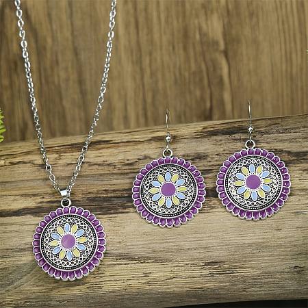 Flower Alloy Enamel Pendant Necklaces & Dangle Earrings Sets WG8932C-01-1