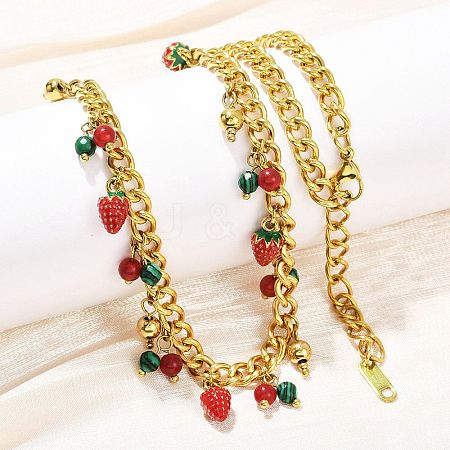 Natural Carnelian and Synthetic Malachite Round Beads and Red Strawberry Tassel 304 Stainless Steel Twisted Chain Necklaces NJEW-C092-03G-1