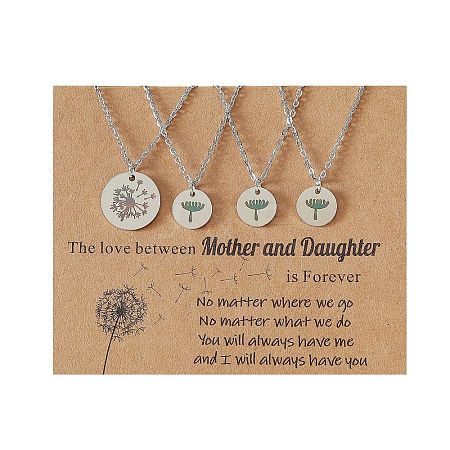 Mother and Daughter 304 Stainless Steel Dandelion Flat Round Pendant Necklaces for Women FS-WGEED69-06-1
