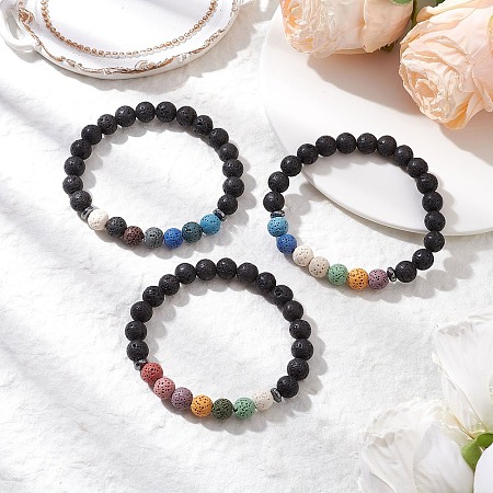 Natural Lava Rock Round Beads Stretch Bracelets for Men Women BJEW-JB11748-1