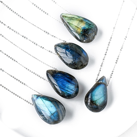 Natural Labradorite Teardrop Pendant Necklaces PW-WG68C9A-01-1