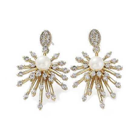 Cubic Zirconia Flower Dangle Stud Earrings with ABS Plastic Pearl EJEW-G371-01G-1