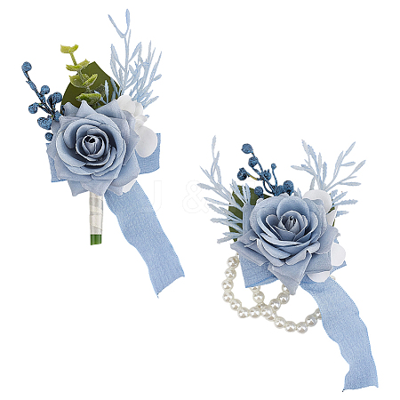 2Pcs 2 Styles Silk Cloth Imitation Rose Wrist Corsage AJEW-DR0002-08-1