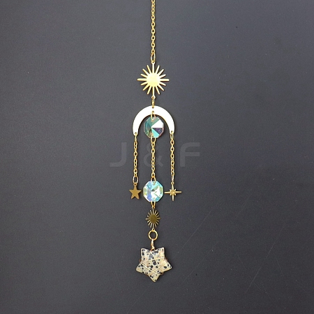 Natural Dalmatian Jasper Star Sun Catcher Hanging Ornaments with Brass Sun HJEW-PW0002-13B-1