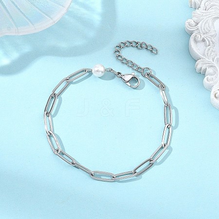 Shell Pearl & 304 Stainless Steel Paperclip Chain Bracelets for Women BJEW-JB13820-1