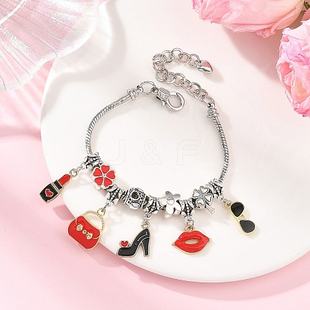 Makeup Theme Alloy Enamel Lipstick Handbag Shoe Charm Brass European Bracelets for Women BJEW-JB14237-01-1
