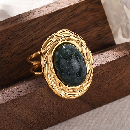 Oval Natural Moss Agate Finger Rings RJEW-M063-01G-07-1