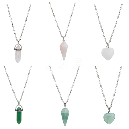 FIBLOOM 6Pcs 6 Styles Natural Rose Quartz & Green Aventurine Pendant Necklaces Set with Alloy Chains NJEW-FI0001-13-1