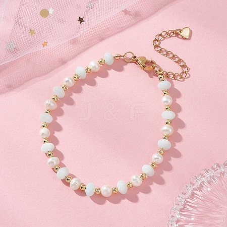 Natural Freshwater Shell & Natural Cultured Freshwater Pearl Rondelle Beaded Bracelets for Women BJEW-JB13281-1