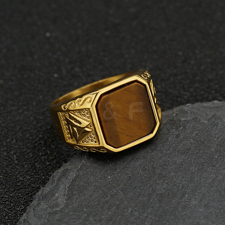 304 Stainless Steel with Natural Tiger Eye Finger Rings FS-WG06E27-05-1