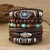 6Pcs 6 Styles Wood & Synthetic Turquoise Beaded Stretch Bracelets & Alloy Synthetic Turquoise Link Bracelets & Retro PU Leather Cord Bracelets for Men's FS-WG129F8-08-1