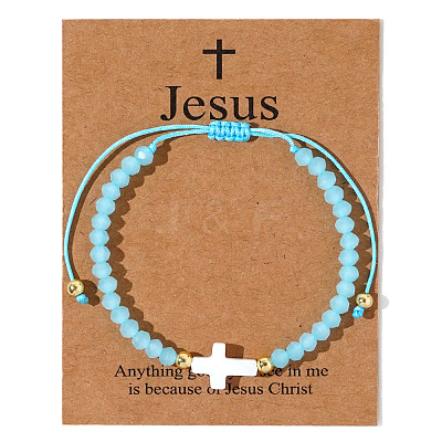 Adjustable Sea Shell Cross & Faceted Rondelle Glass Braided Bead Bracelets for Women AZ6679-4-1
